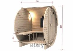 Sauna en barrique en Thermowood de 1,7 m de longueur (Ø 1,97 m) avec chauffage électrique