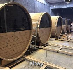 Sauna en barrique en Thermowood de 1,7 m de longueur (Ø 1,97 m) avec chauffage électrique